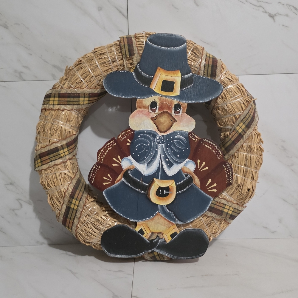 VTG  14.5" Wood Turkey Pilgrim - Thanksgiving Wreath - Holiday Decor